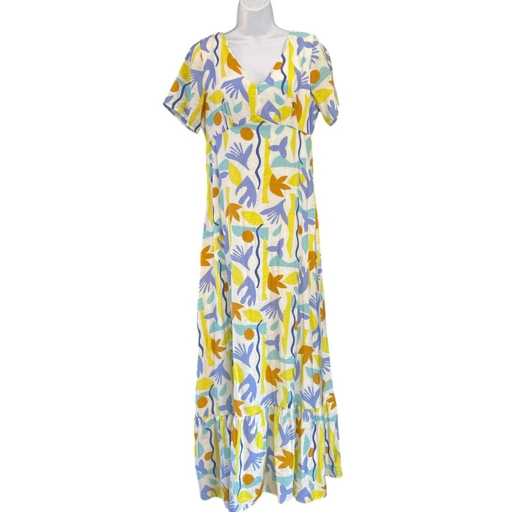 Lili Sidonio White Baby Doll Blue Maxi Abstract Print Short Sleeve Dress Sz M